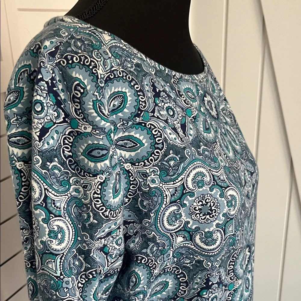 Talbots Blue and White Mandala Print 3/4 - Sleeve Tee Sz M - Picture 3 of 12